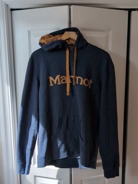 Marmot Navy Hoodie with Tan Logo and Lining